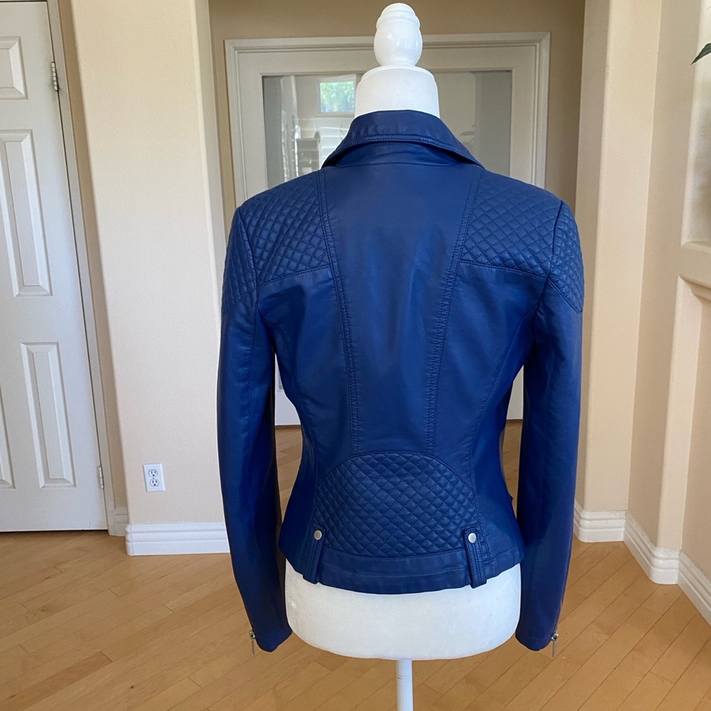 NWOT Black Rivet Blue Soft Vegan Leather Moto Jacket Fitted Design - Picture 7 of 11
